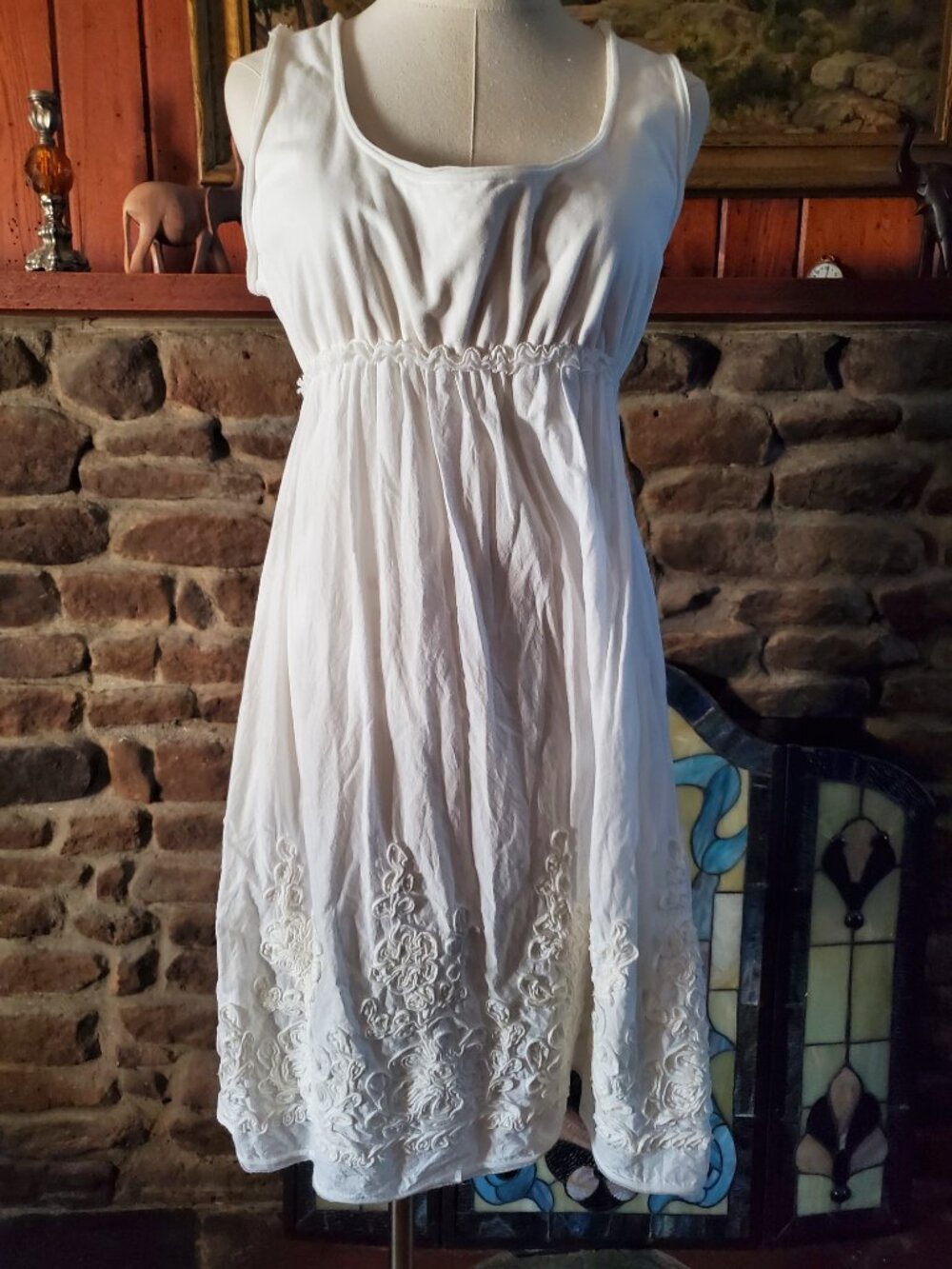 Sophie Max White Cotton Floral Textured Embroidery Dress Cottagecore Raw Hem XL